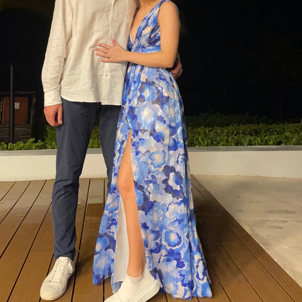 Aidan Mattox Blue and White Floral Maxi Dress